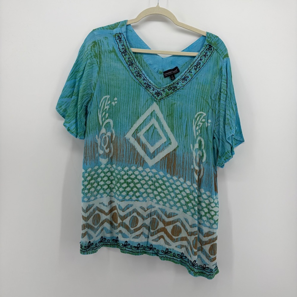 Greater Good Womens 1X Turquoise Tie Dye Top Beaded Embroidered V-Neck Boho